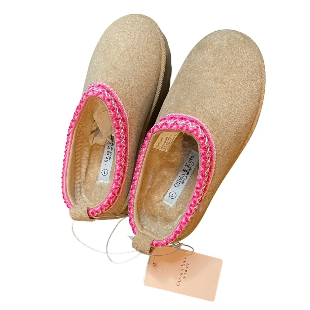Olivia & Kate Girls Platform Slippers Taupe Pink Trim Faux Fur Size 1 New In Box